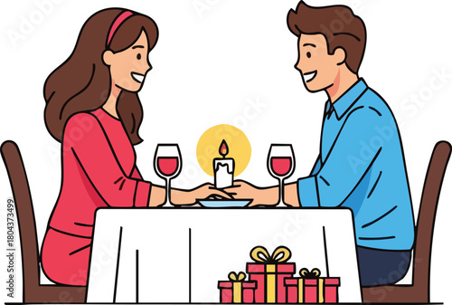 A couple enjoys a romantic candlelit dinner, holding hands, with gifts on the table.