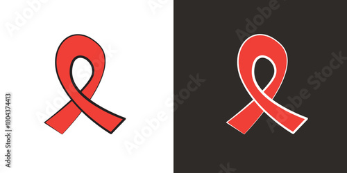 Sticker , label and poster of AIDS AWARENESS MONTH and DAY. Red ribbon symbol of december world aids month. Doodle style red support ribbon isolated on grey and white background.