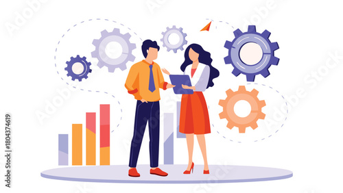 Flat digital illustration of a diverse man and woman standing side by side representing partnership unity and modern relationships in a clean graphic style