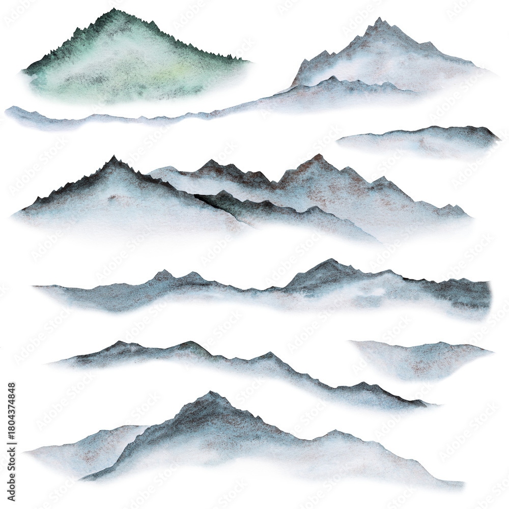 Naklejka premium Watercolor illustration of panoramic view of the blue mountains, party design and winter wedding