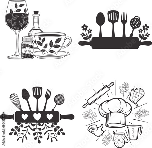 Elegant black and white vintage kitchen and bakery illustration set with chef hat apron floral glass teacup spice jars mixing bowl rolling pin measuring cup cookies botanical decorative line art vecto