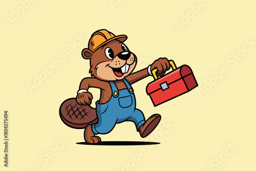 Cartoon Beaver Construction Worker Carrying Toolbox.