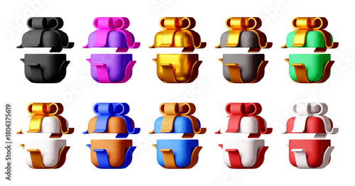 Set of colorful 3d boxes with gift bows. Render design for holiday, celebration, and surprise concept. Vector illustration