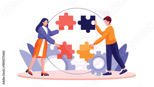Two diverse people collaborate to assemble a vibrant colorful jigsaw puzzle symbolizing teamwork problem solving and shared accomplishment with bright engaging elements