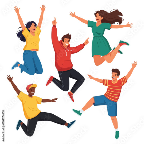 Happy people jumping and celebrating joyfully together, expressing feelings of excitement and freedom
