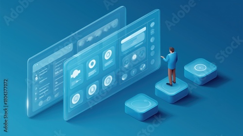 Isometric 3D illustration of a man interacting with digital interfaces on transparent panels, set against a blue background with platform elements