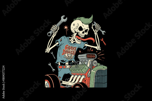 Skeleton Mechanic Working on a Hot Rod Engine with Tools.
