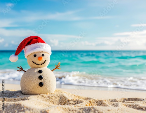 Happy Sandy snowman with a red Santa hat enjoying a warm Christmas vacation on a tropical beach by the sea