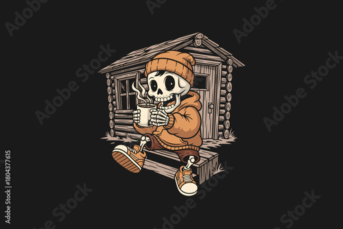 Skeleton character enjoying a warm drink outside a wooden cabin.
