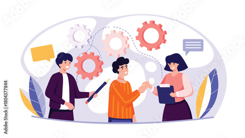 Young professionals in a modern office collaborating and sharing ideas in a cheerful pastel color palette representing teamwork and innovation