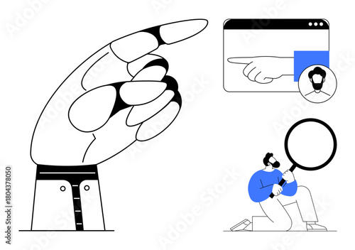 Large hand pointing next to a browser window with user avatar. Person kneeling with magnifying glass studying elements. Ideal for recruitment, decision-making, focus, user analysis, search