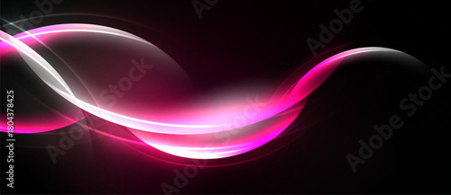 Abstract flowing lines, vibrant pinks, whites against dark background. Smooth curves create dynamic visual effect. Modern design.