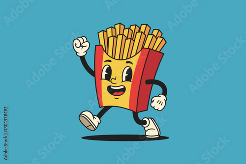 Retro Cartoon French Fries Character Running Joyfully.