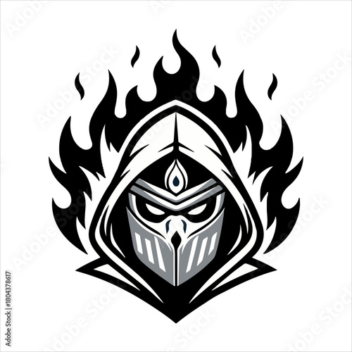 Enigmatic warrior with a burning spirit isolated on white background, representing power and determination in the darkness