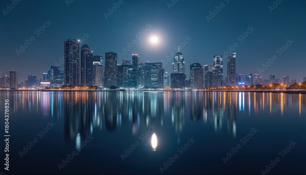 Fototapeta premium Night cityscape with skyscrapers and full moon reflecting in river. Buildings shine with light. Urban skyline glows under dark sky. City view shows towers mirrored in water with copy space.