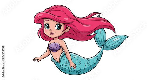 Cute cartoon mermaid with pink hair and turquoise tail swimming.