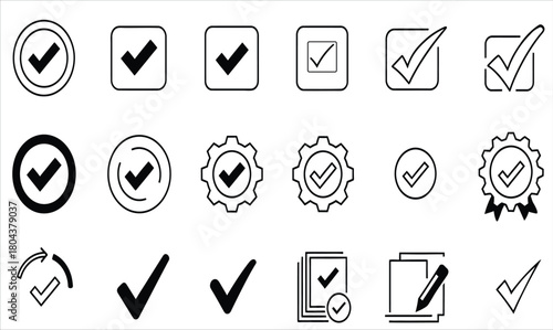 Collection of hand drawn check mark icons and symbols for approval and verification