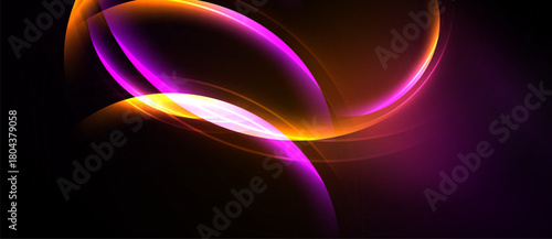 Abstract flowing shapes, vibrant orange, purple hues. Dynamic light creates soft glow against dark background. Modern design.