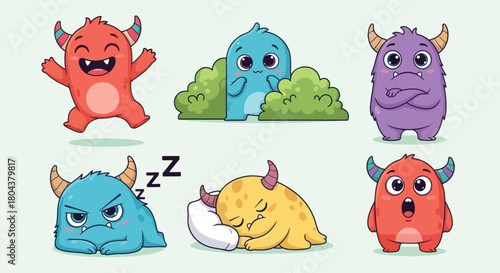 Cute Monsters Collection Expressing Various Emotions and Actions.