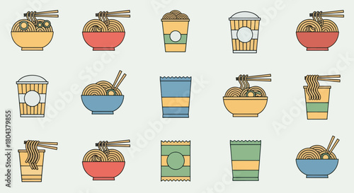 Collection of Instant Noodle Bowls and Cups with Chopsticks.