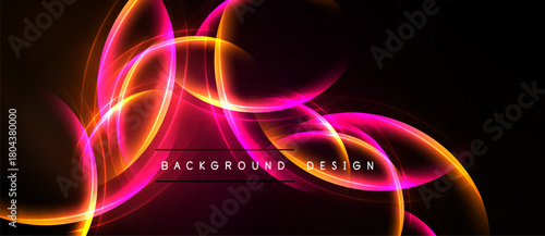 Abstract vibrant design features flowing light curves, gradients. Dark background enhances bright neon colors, creating dynamic visual effect.