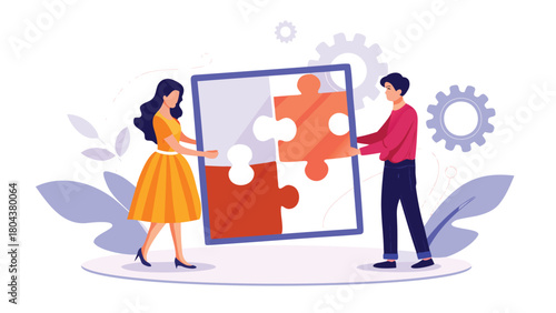 Modern illustration of a young man and woman connecting and collaborating representing teamwork relationships and digital communication in a vibrant colorful design