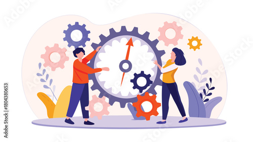 Two people collaborating to place interlocking gears symbolizing teamwork problem solving and the interconnectedness of ideas in a business or project context