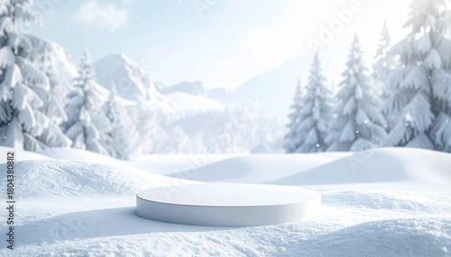 A snowy winter scene with a simple white platform as a focal