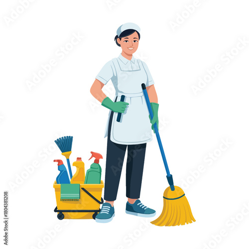 Housekeeper with cleaning tools transparent background.