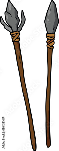 cartoon primitive stone spears with wooden handles ancient hunting weapons survival tools tribal craftsmanship illustration isolated prehistoric tool design