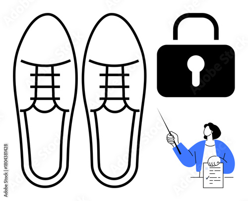 Pair of formal shoes, closed lock for security, instructor holding pointer and document. Ideal for safety, protection, guidance, education, leadership management metaphor usage. Simple flat