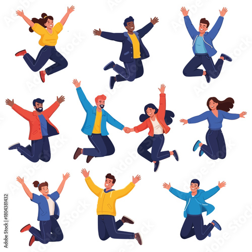 A diverse group of happy and energetic young people jumping for joy, celebrating success and freedom together in a colorful flat vector illustration