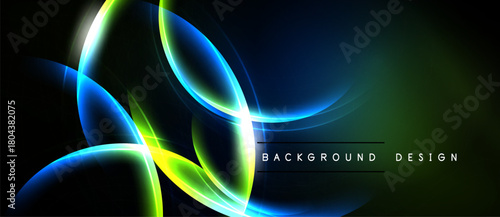 Abstract neon lines create dynamic flow. Vivid blues, greens, yellows contrast dark background. Modern design element.