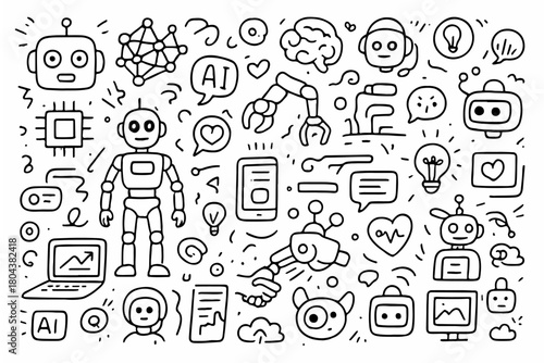 Hand-drawn doodle vector set of Artificial Intelligence and Robots elements created in a playful sketchy style, isolated on white background
