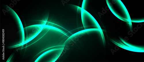 Abstract design features glowing turquoise curves against dark background. Smooth lines create dynamic, futuristic visual effect.