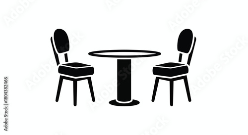 Simple Black and White Icon of a Round Table with Two Chairs.