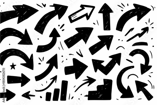 Hand-drawn doodle vector set of bold scribble arrows created in a fun sketchy ink style, isolated on white background

