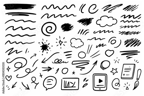 Hand-drawn doodle vector set of brush strokes created in a playful sketchy style, isolated on white background

