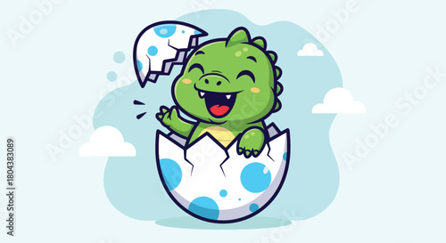 Cute baby dinosaur hatching from egg with happy expression.