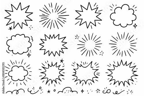 Hand-drawn doodle vector set of burst shapes, created in a fun, sketchy style, isolated on white background
