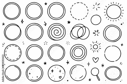 Hand-drawn doodle vector set of circular highlight shapes created in a playful sketchy style, isolated on white background
