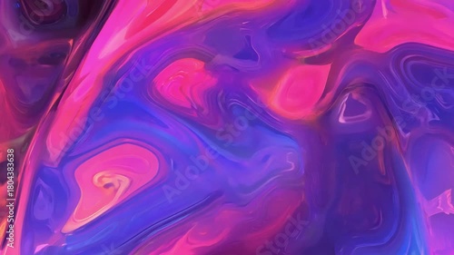 A vivid abstract composition transitions through shifting liquid-like swirls as the camera moves slightly, revealing smooth motion in pink, purple, and blue gradients across evolving shapes