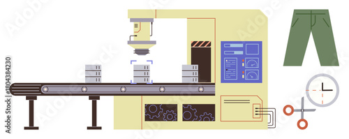 Factory machine with conveyor belt, laser sensor scanning items, green pants, clock, and settings gear. Ideal for automation, technology, industry, manufacturing quality control efficiency