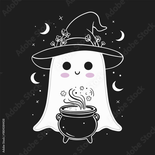 Whimsical Hand drawn Cute Ghost with Witch Hat and Cauldron Illustration