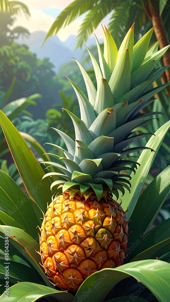 Fototapeta premium Ripe pineapple grows in a lush, tropical jungle with palm leaves.