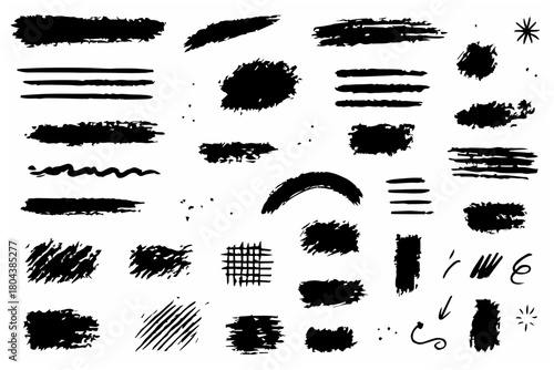 Hand-drawn doodle vector set of dry brush textures created in a sketchy playful style isolated on white background
