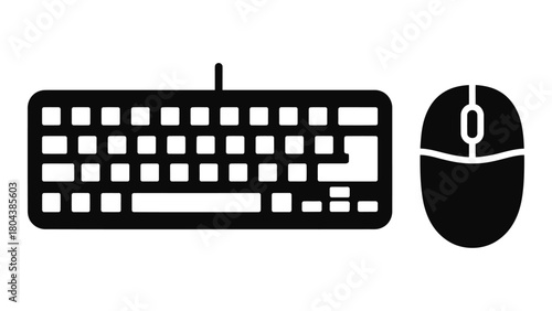 Keyboard and mouse black icon silhouette set representing essential computer peripheral input devices for digital intera