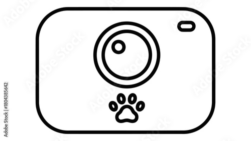 Line art icon of a smart pet camera with paw print, representing remote monitoring and home security for animal care.