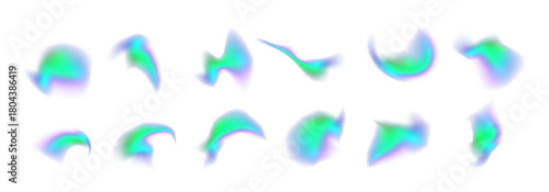 Abstract holographic gradient blobs with soft blurred aura glow. Iridescent light shapes for futuristic Y2K design and modern UI backgrounds PNG