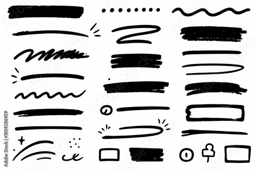 Hand-drawn doodle vector set of highlighter strokes created in a fun sketchy ink style, isolated on white background
